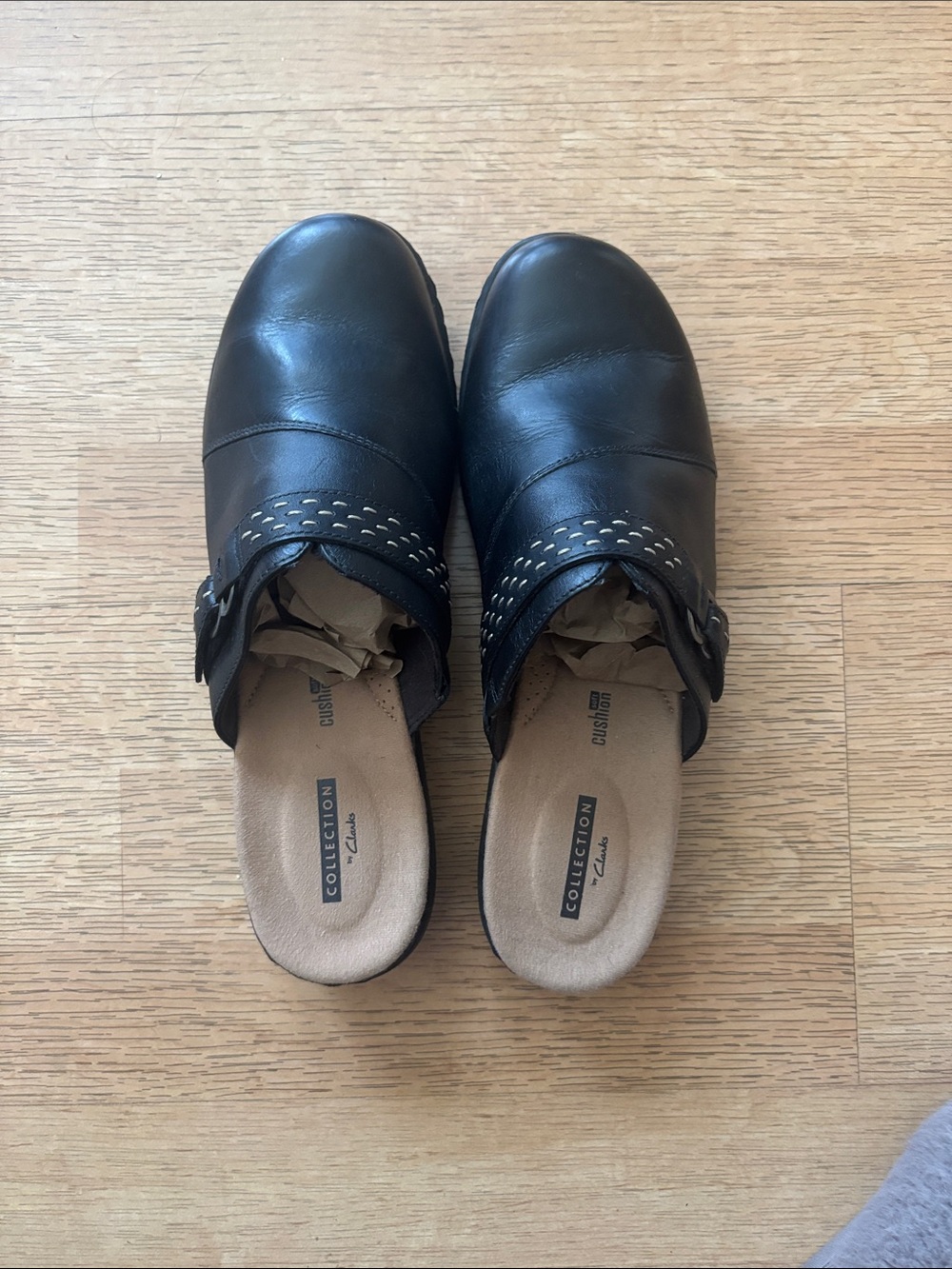 Clarks Black Leather Slip-On Mules with Buckle Detail.  Size 9.5